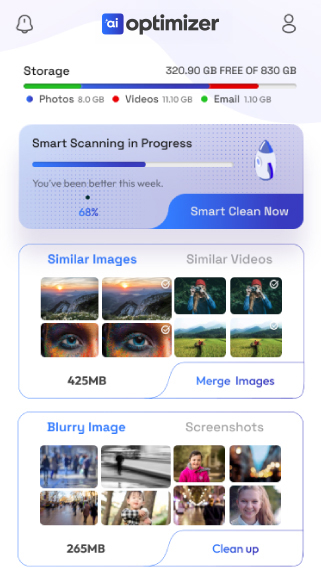 AI Optimizer duplicate photo cleanup screen
